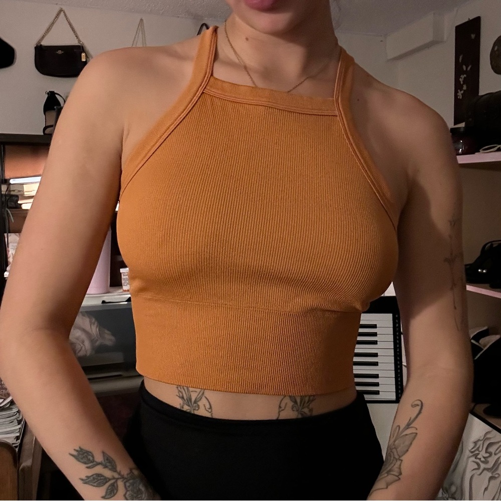 athleta orange high neck tank top